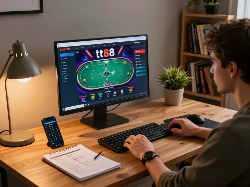 Player engaging with tt88 com online gaming interface on sleek desktop, showcasing strategic gambling focus.
