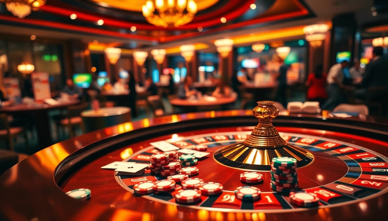Experience the excitement of winning at juragan77 with vibrant poker chips and a roulette table.