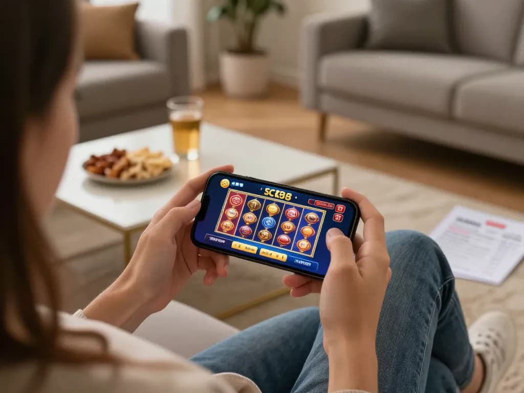 Engaged player using smartphone for SC88 online gaming in a cozy living room setting.