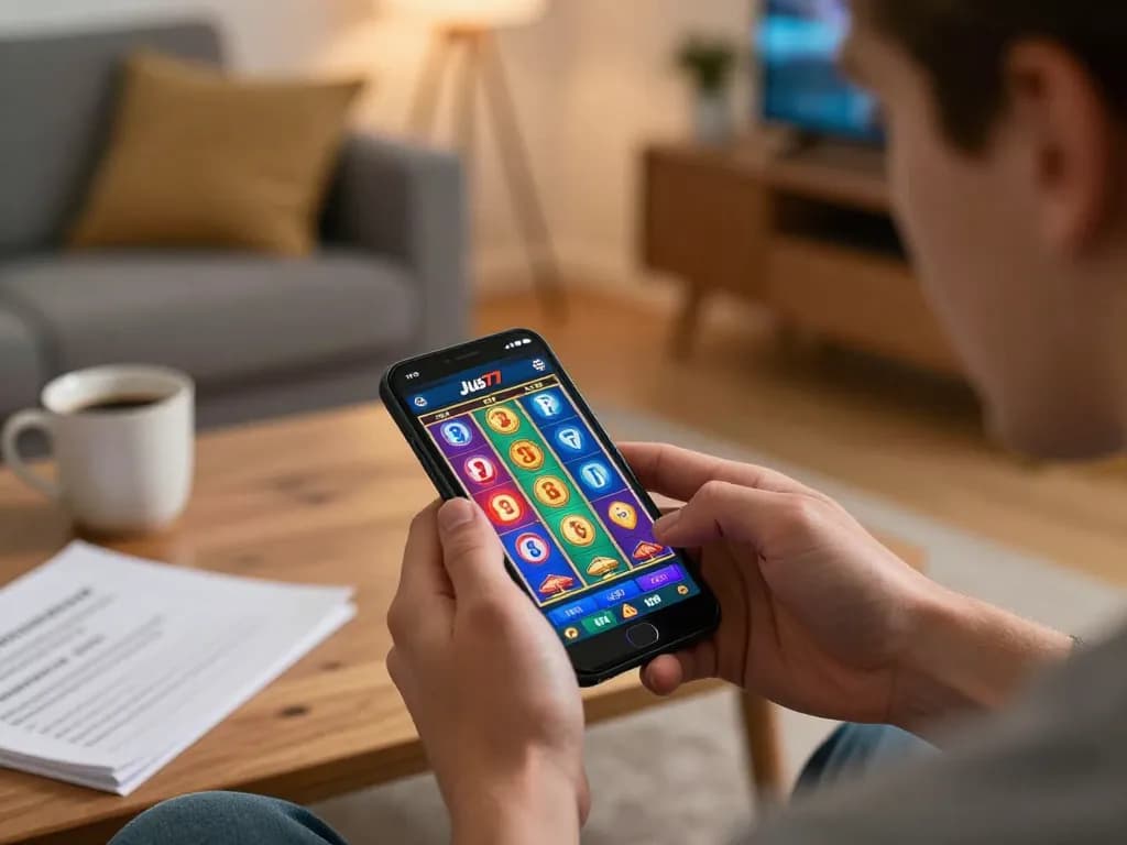 Pemain yang menikmati aplikasi kasino jus77 di smartphone di rumah, menampilkan permainan slot online.