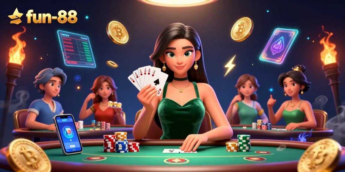 Win big at fun-88 with a stunning poker scene showcasing chips, cards, and neon crypto elements.