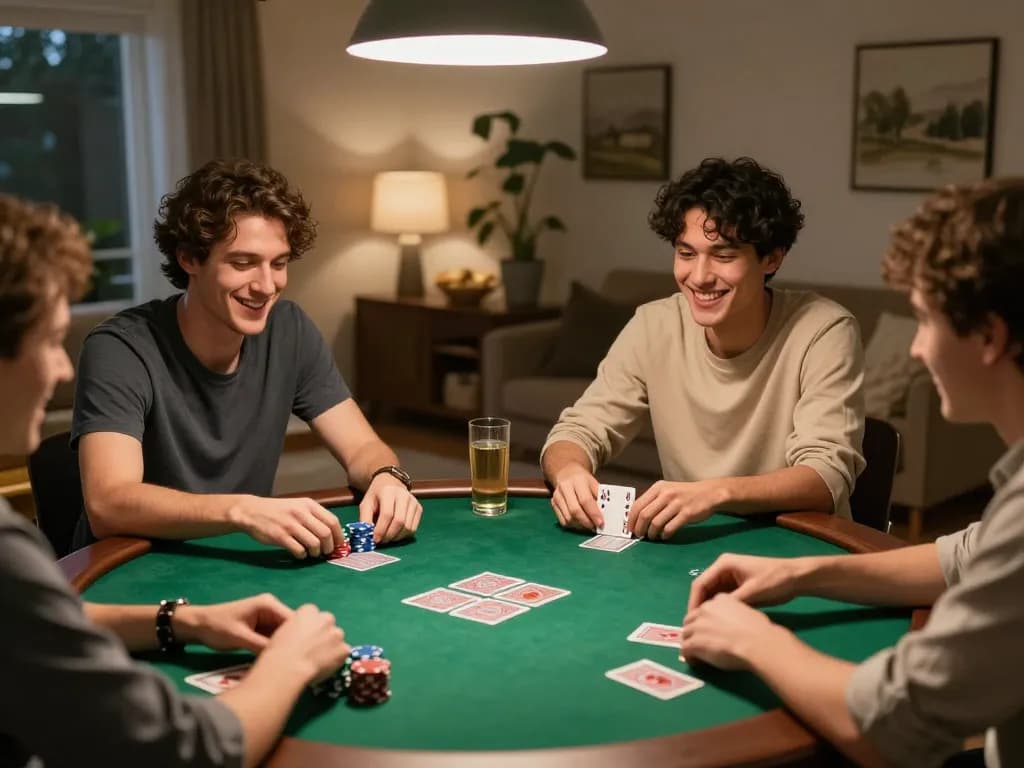 Friends engaging in a lively poker night at home while playing LV88, showcasing strategy and camaraderie.