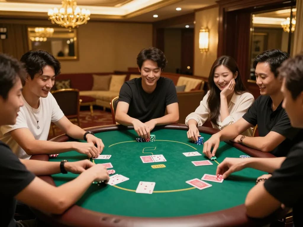 Friends engaging in an exciting poker game at home, showcasing dinamit4d strategies with cards and chips in play