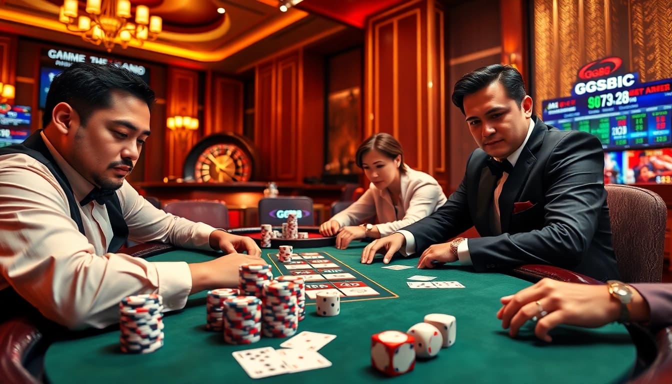 Experience high-stakes action at GG88.biz as professional gamblers strategize at a luxurious poker table.