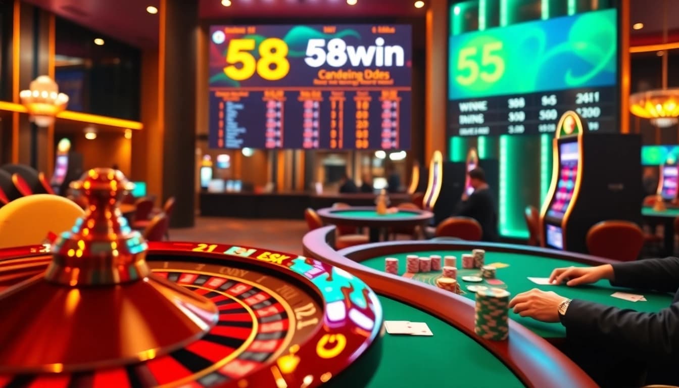 Players engaging in thrilling games at 58win casino, featuring poker chips and vibrant slot machines.