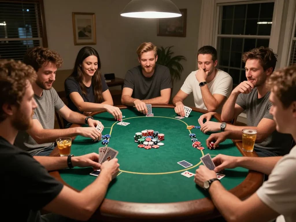 Friends enjoying a lively poker night at home with chips and cards depicting gattovolpelago atmosphere