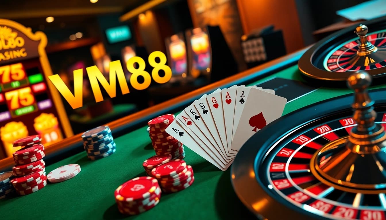 VM88 branded professional online casino interface displaying strategic poker play and competitive betting odds