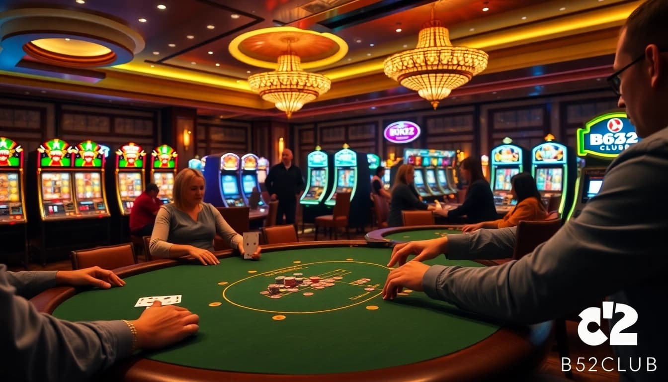 B52 Club players enjoying high-stakes poker and vibrant slot machines in a luxurious casino setting.