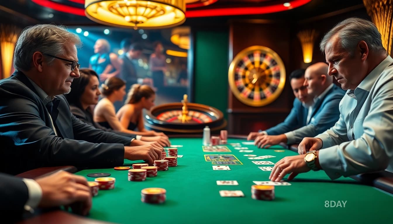 Experience thrilling gameplay at 8DAY with intense poker action and vibrant casino aesthetics.