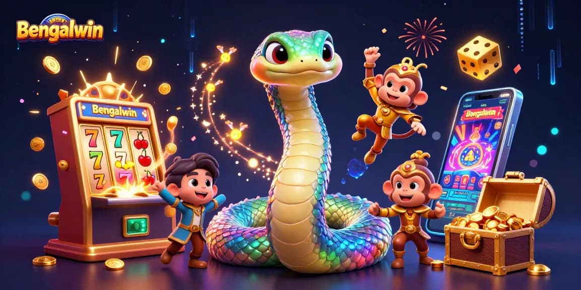 Bengalwin features an enchanting scene with a rainbow serpent and monkey king among vibrant casino elements, celebrating gaming excitement.
