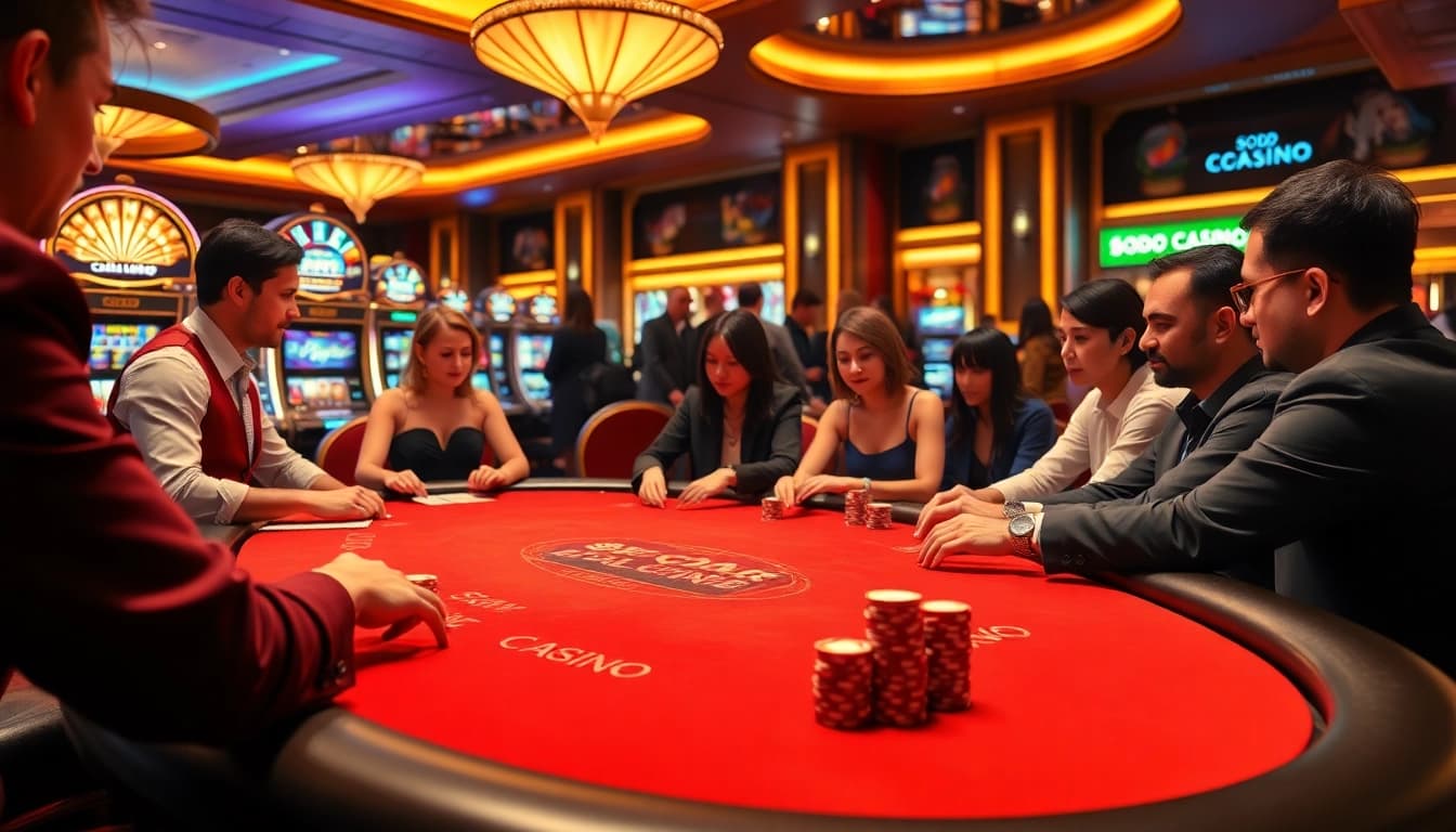 SODO CASINO poker table scene with players engaged in a lively game, showcasing excitement and professionalism.