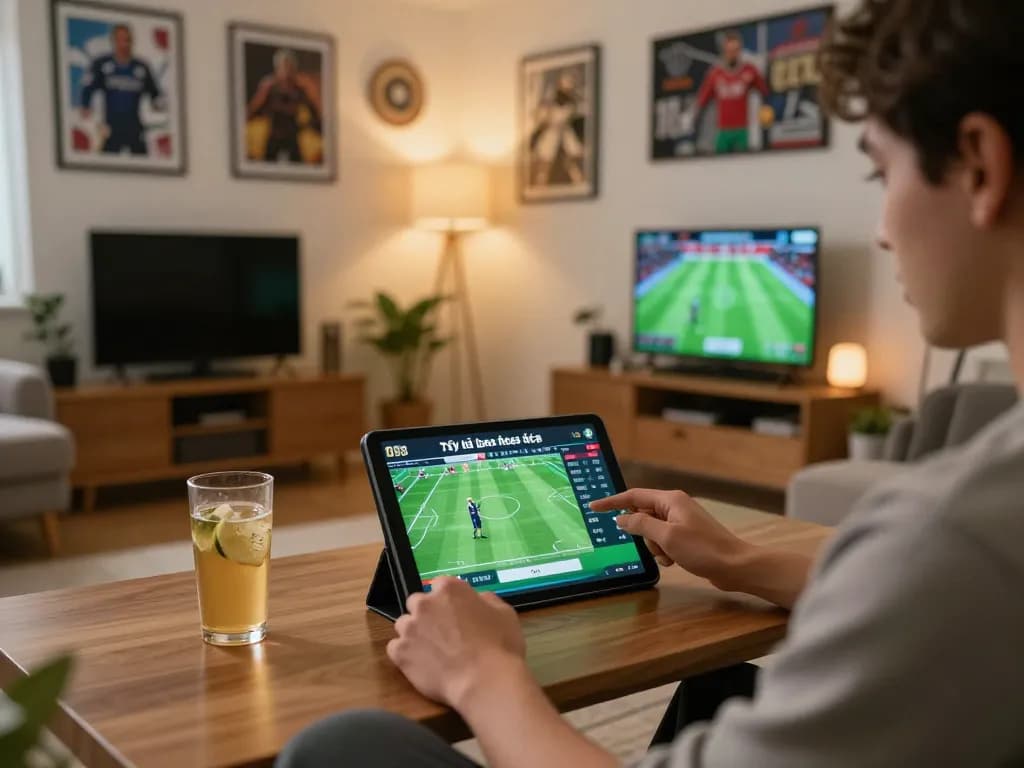 Tỷ lệ kèo nhà cái displayed on tablet during online sports betting at home