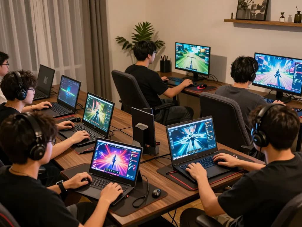 Engaged players using F168 com for online gaming, with vibrant gaming visuals and modern tech setup.