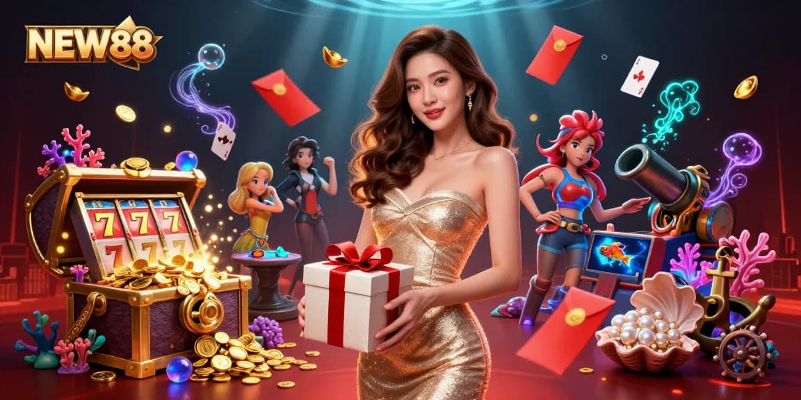 Experience the excitement of NEW88 with a stunning Lunar New Year casino scene featuring festive elements and vibrant colors.
