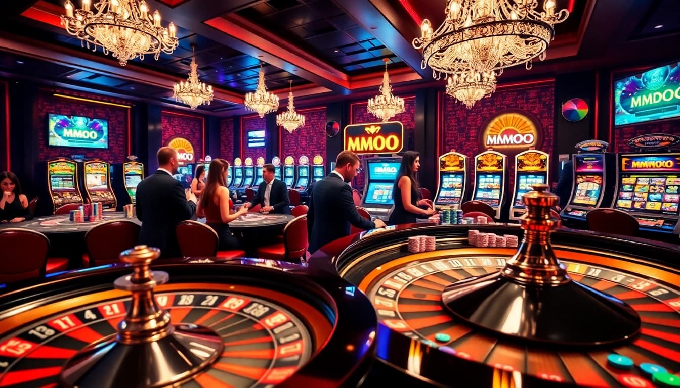 Experience the excitement of MMOO at a luxurious casino with poker tables and vibrant roulette.