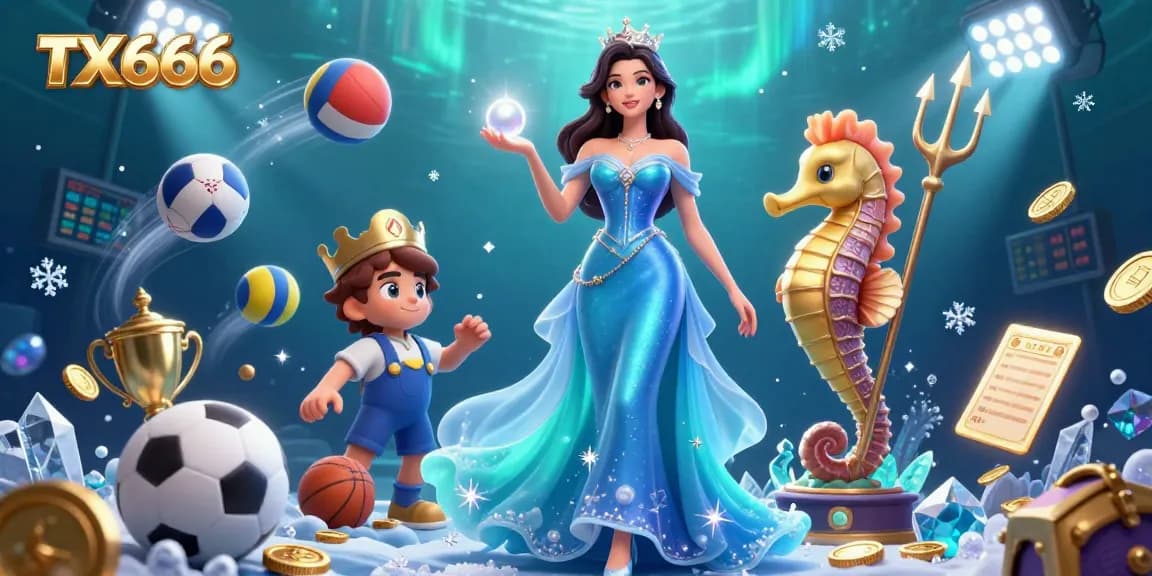 Experience the excitement of TX666 with a dynamic casino scene featuring a stunning woman and seahorse king amidst sports betting elements.
