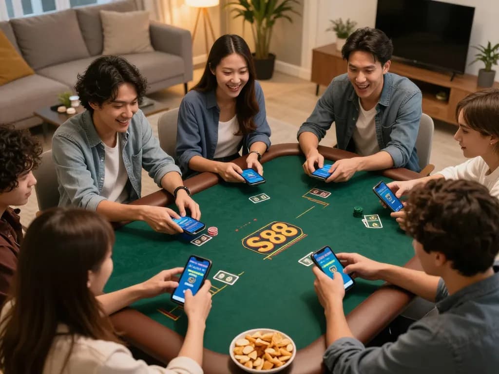 Players engaging on the sc88 poker app in a cozy home setting, showcasing strategic gameplay.