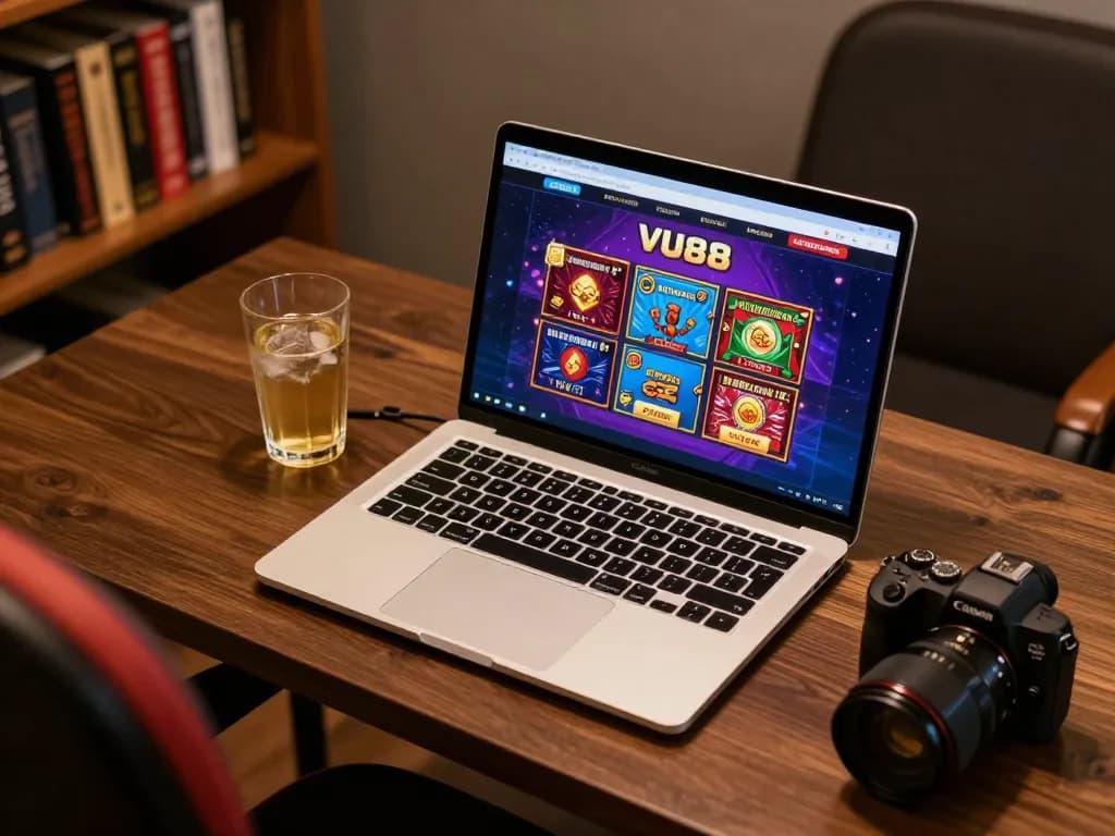 Player engaging with VU88 online casino interface on a cozy home gaming setup.