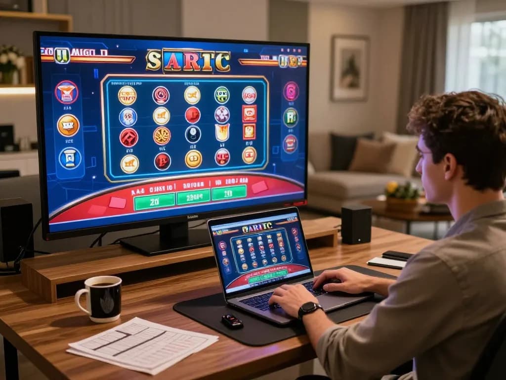 Player engaging in online casino game 789P on laptop during cozy home session