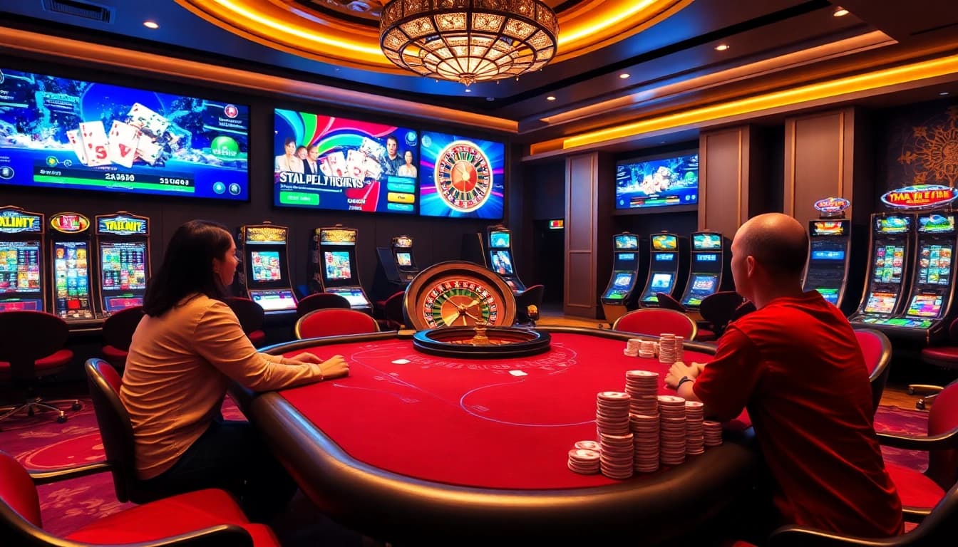Taya 777 gaming excitement with luxurious poker and vibrant slot machines in an elegant casino setting.