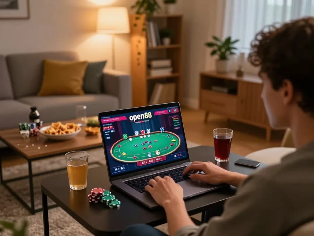 Player enjoying online poker on open88 in a cozy living room setting.