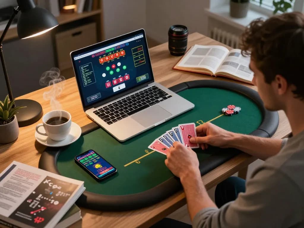 Engaging poker gameplay using FIVE88 on a laptop, showcasing strategic focus and responsible betting.