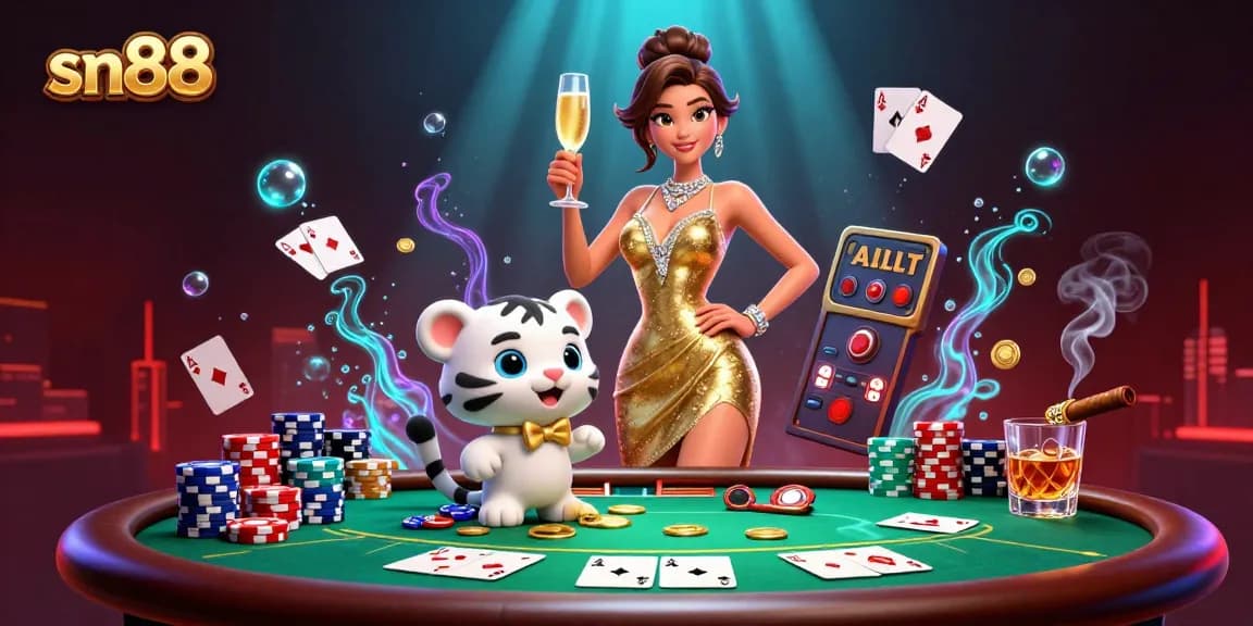 Experience thrilling gameplay with sn88's glamorous casino illustration featuring poker elements.
