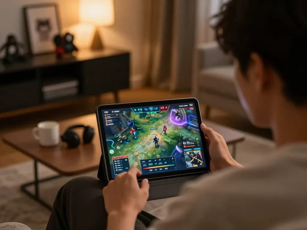 Engaging in esports betting Singapore on a tablet, showcasing a modern gaming setup.