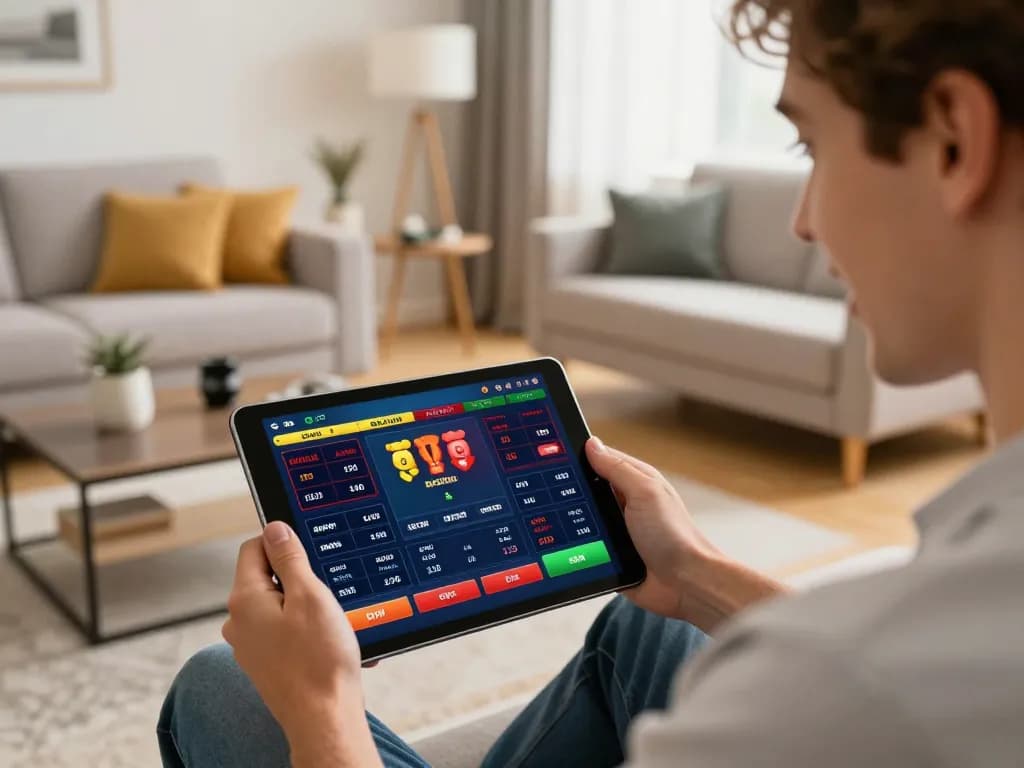 Person engaging with m99 sports betting app on tablet, showcasing excitement and analysis in modern living room