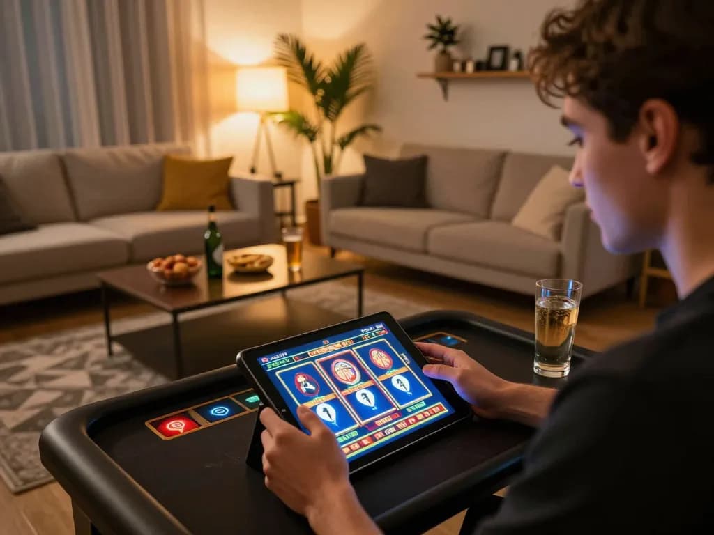 Kuwin player enjoying an online slot game on tablet with cozy home setup