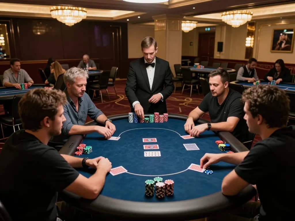 Engaged players at a VK88 poker table strategizing their moves in an upscale casino setting.