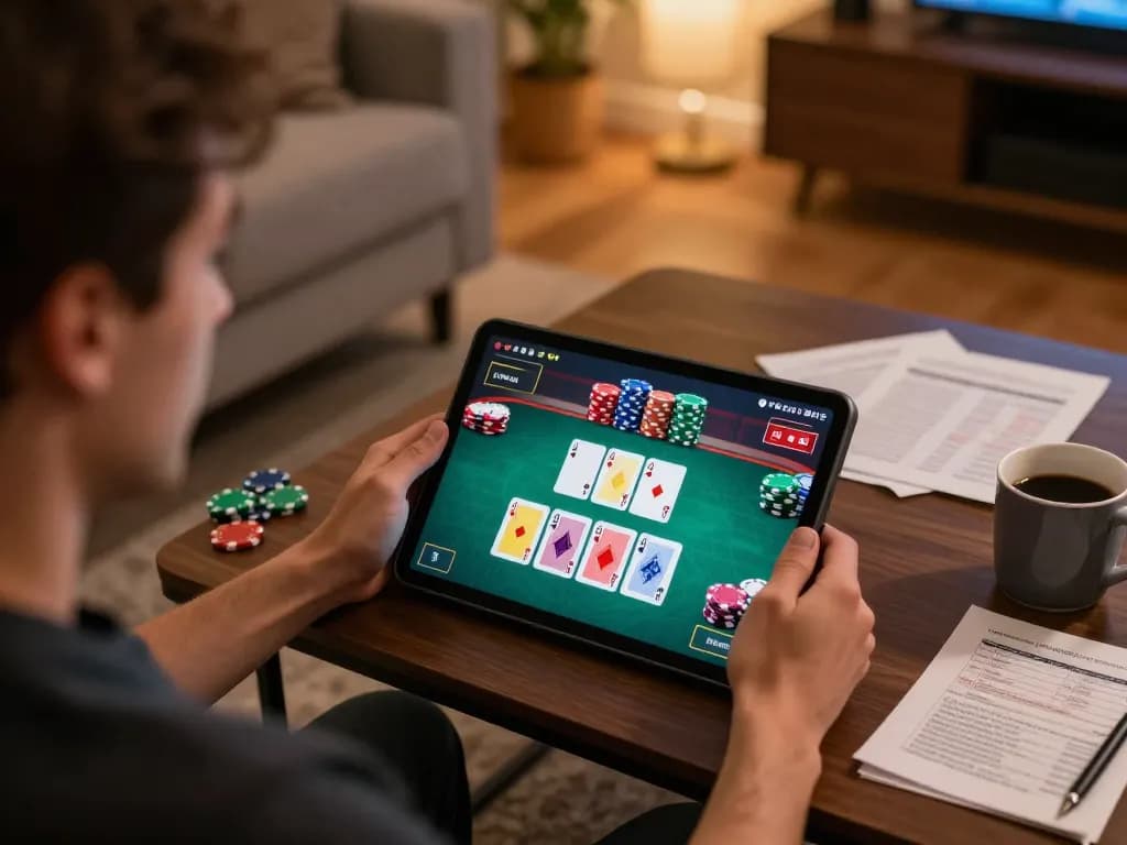pemain master88 memasang taruhan di lingkungan rumah yang nyaman, menampilkan poker online yang menarik.