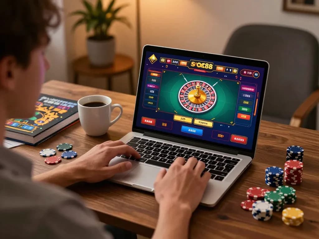 Player engaging in soc88 online casino gaming, using a laptop with roulette game visible on screen.