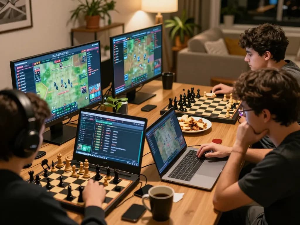 Players engaged in strategic gameplay on c168 platform with multiple screens in cozy setting