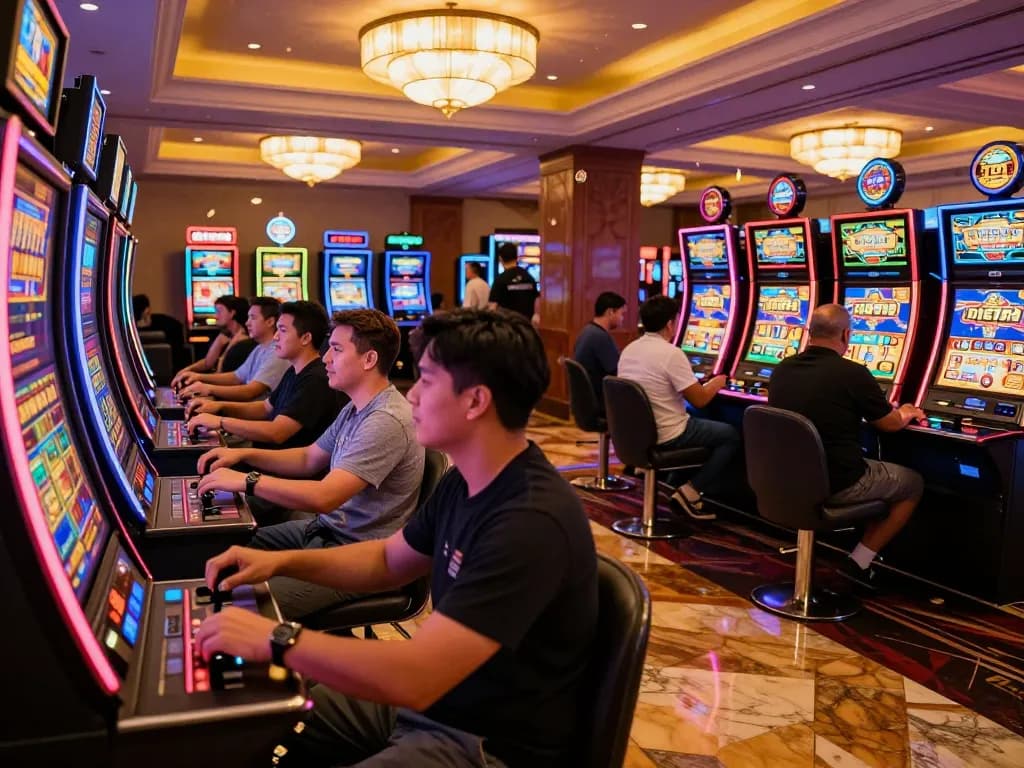 Players engaging with vibrant 789P slot machines in a lively casino atmosphere, capturing excitement.