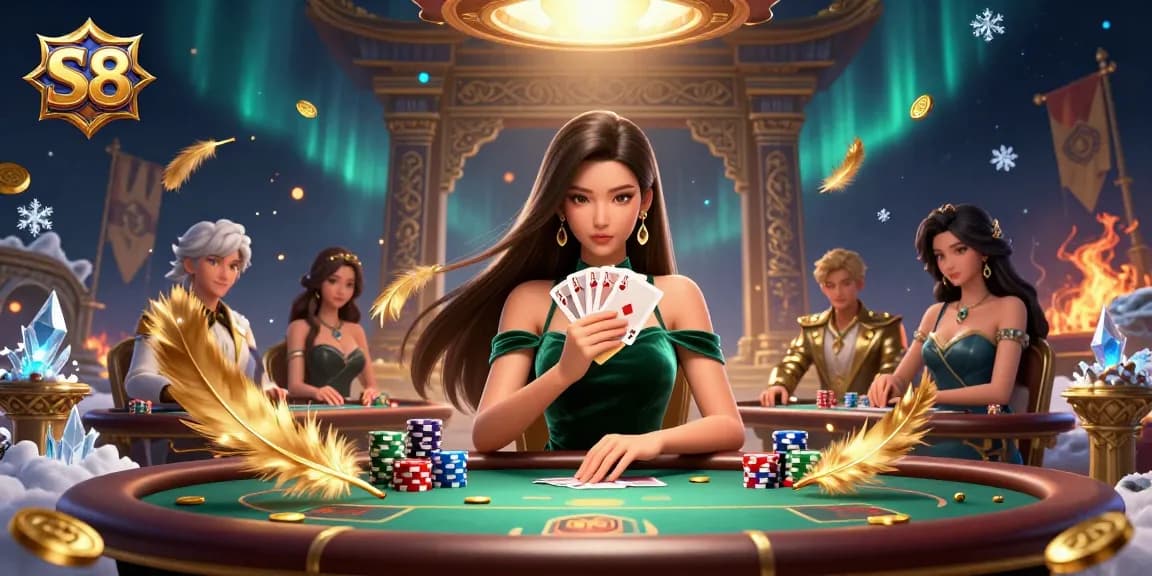 S8 features a strategic poker scene with a beautiful Asian woman holding cards at a vibrant casino.