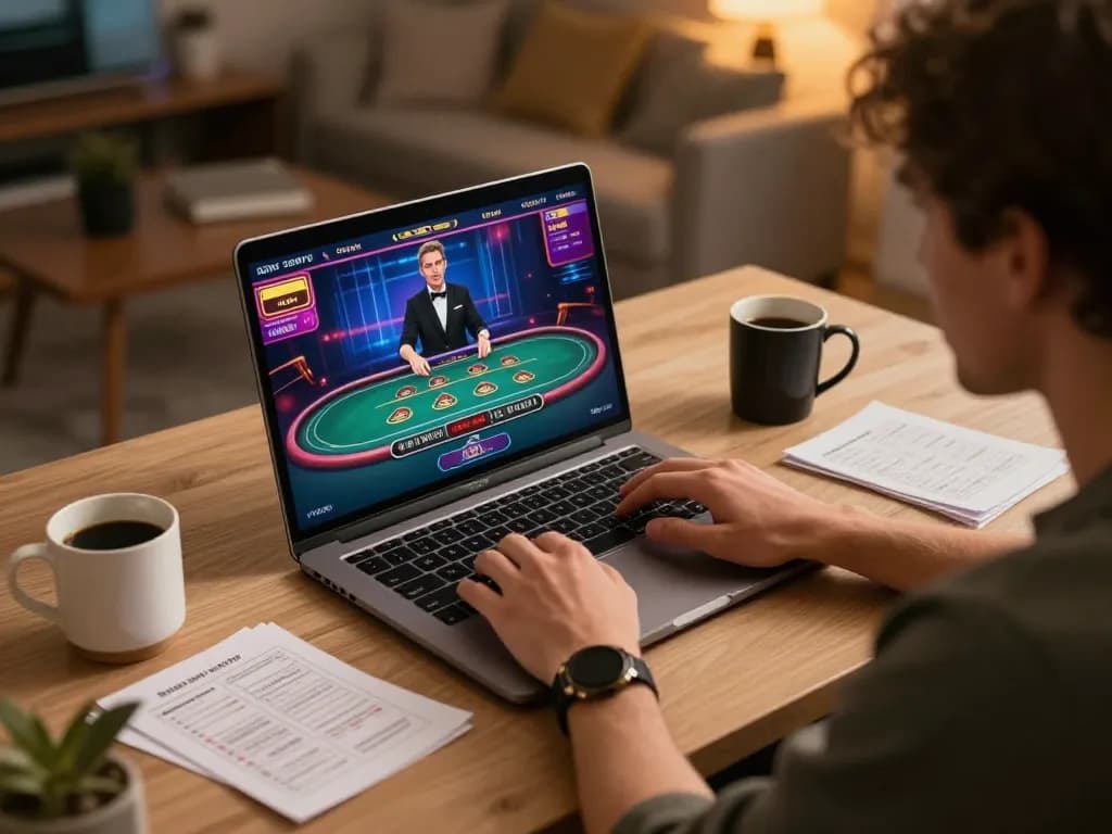 Player engaging in thrilling live dealer game on laptop with 99ok graphics at home