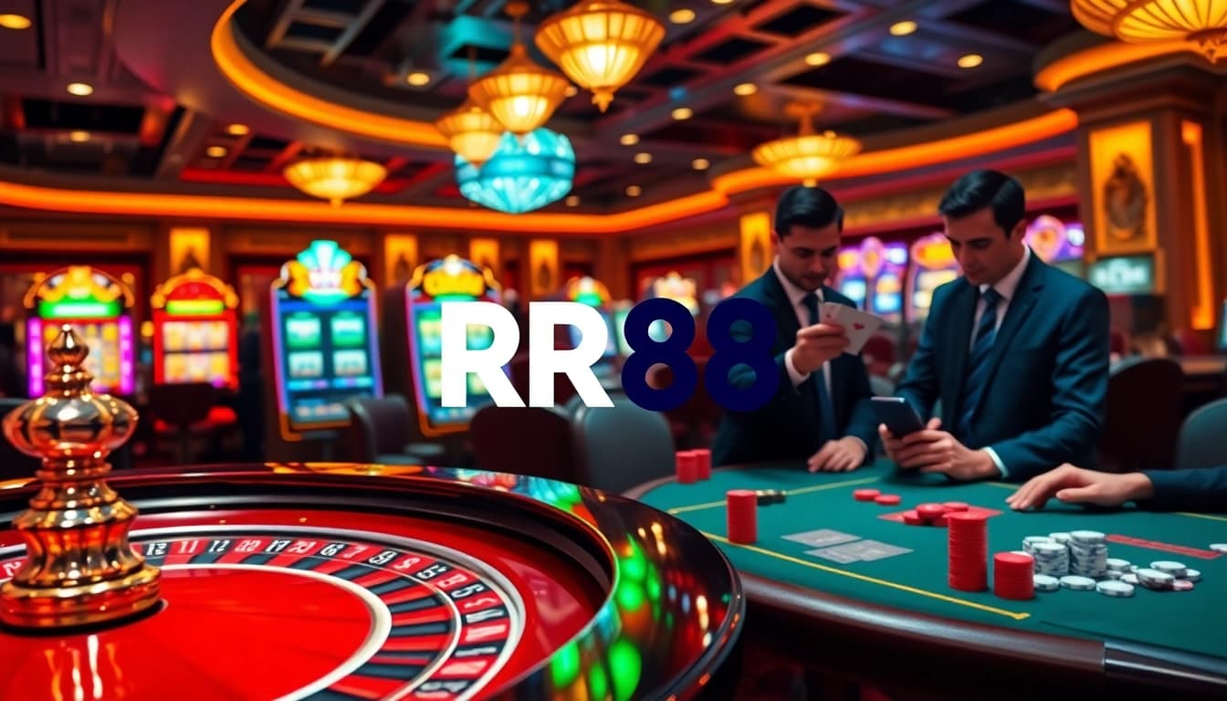 Experience thrilling gaming at RR88 with dynamic casino visuals featuring poker and roulette excitement.