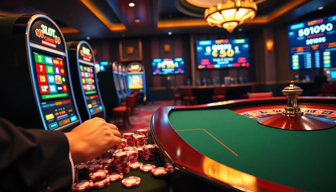 Excited player winning on SLOT99 online slot machine in a luxurious casino setting.