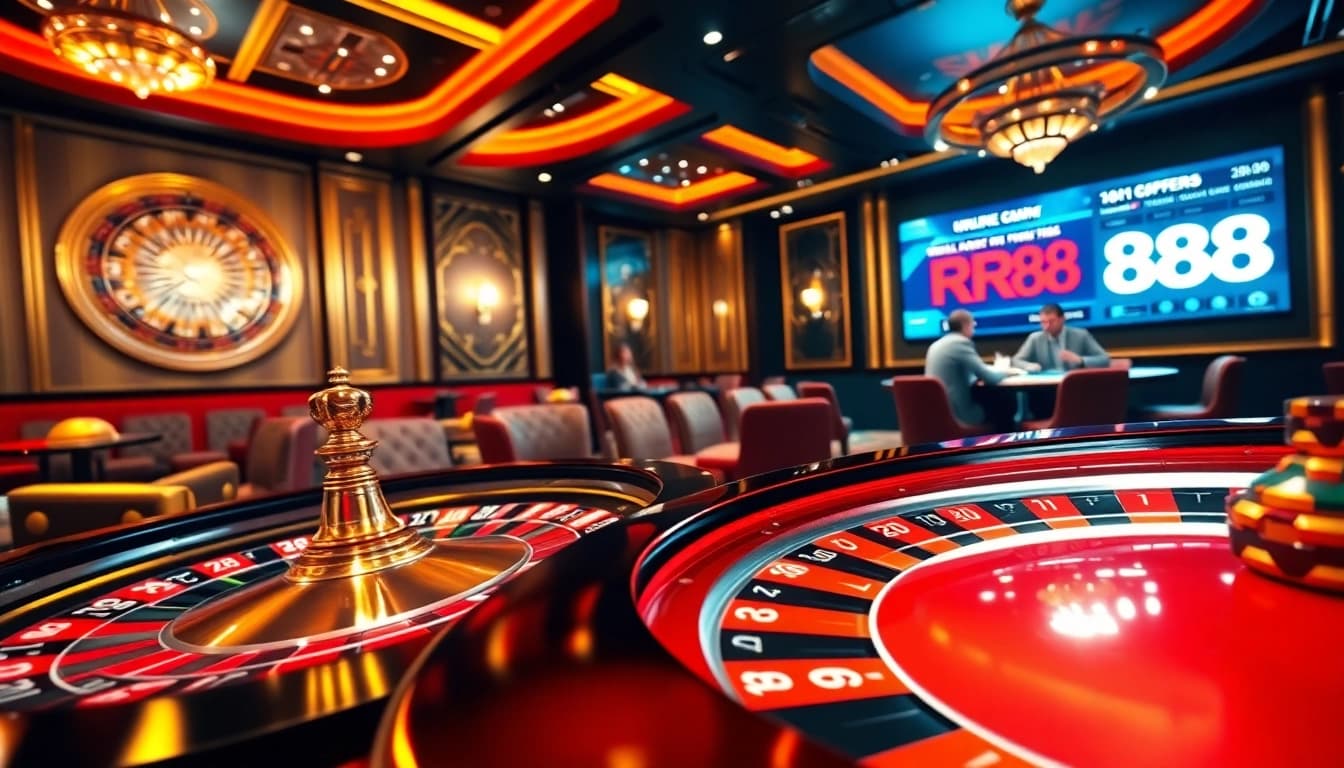 RR88 players engaged in thrilling casino games at a luxurious gambling table.