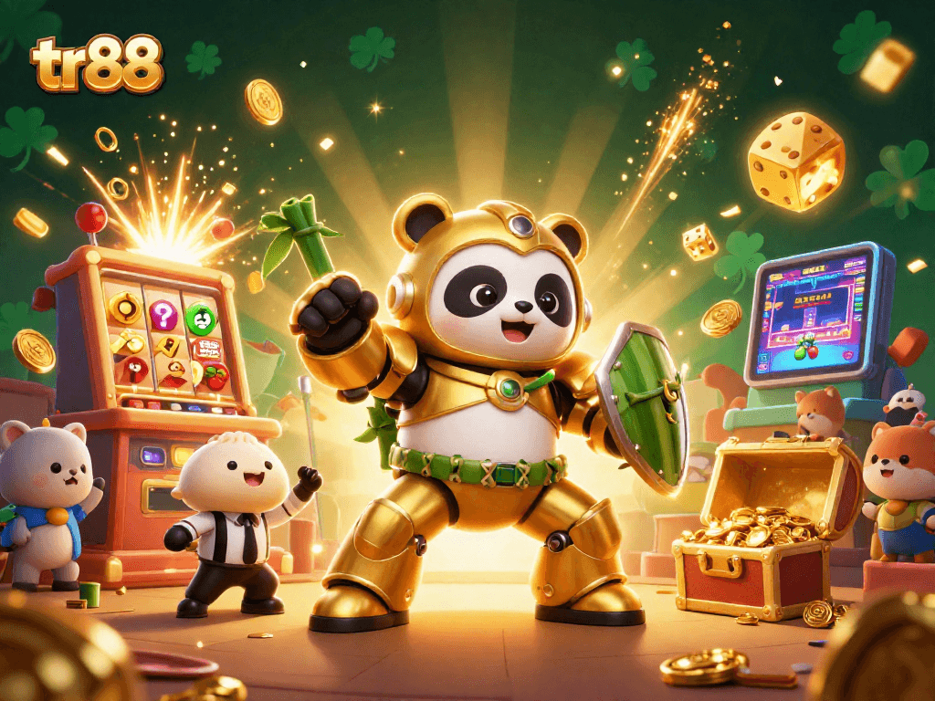 Experience the thrill of jackpots at tr88 with a golden panda battling in an arena filled with casino magic.