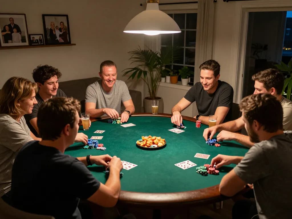 Sahabat yang merencanakan langkah berikutnya dalam permainan poker di rumah, menggambarkan pengalaman perjudian komunitas uxplora.
