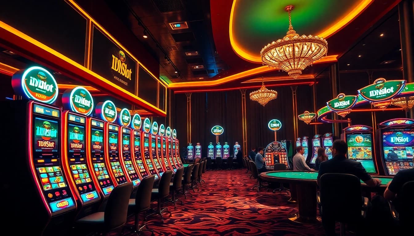 Experience the excitement of idnslot with vibrant slot machines in a luxurious casino scene.