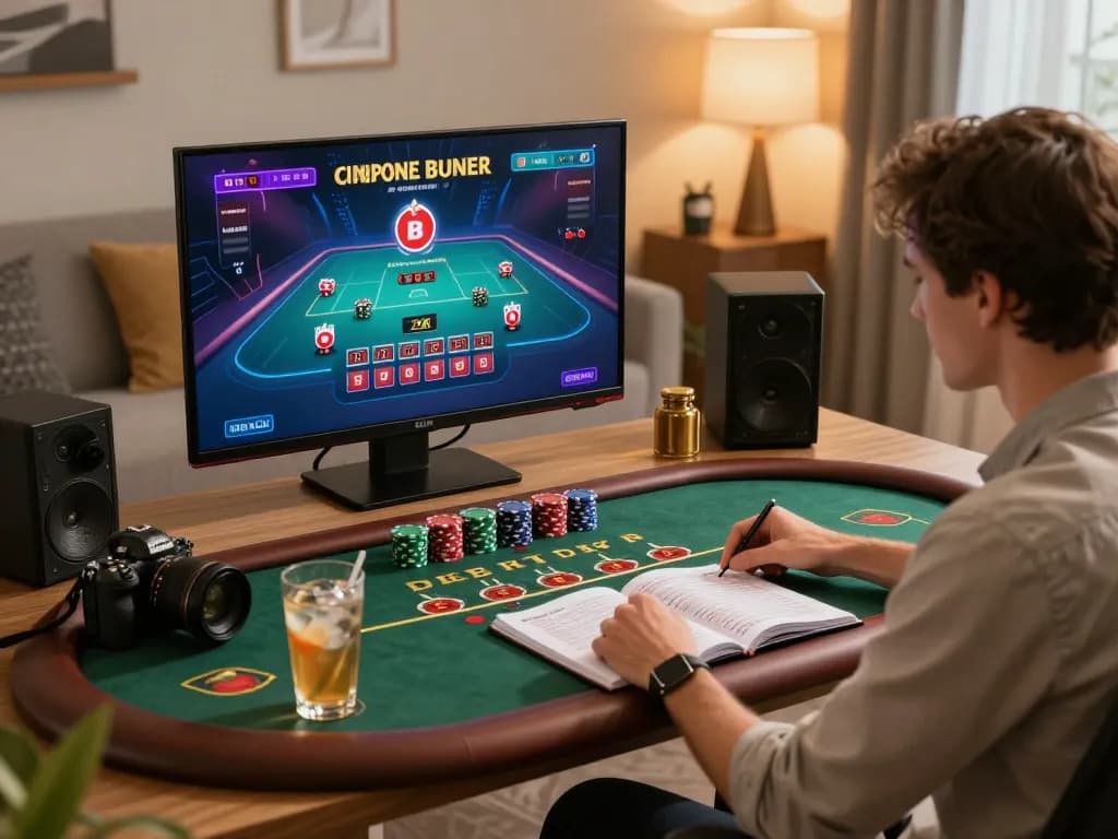 Engaging online blackjack session at CO88 with modern home office setup, showcasing strategic betting.