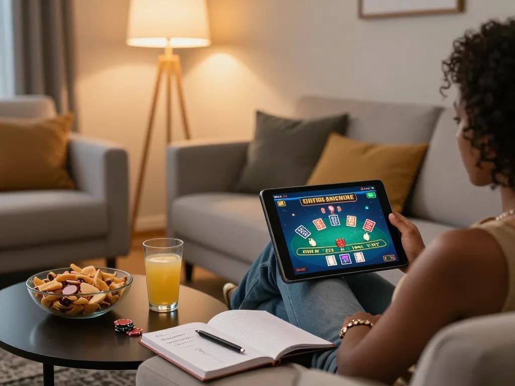 Engaging in online blackjack at South African casinos using a tablet in a cozy home setting