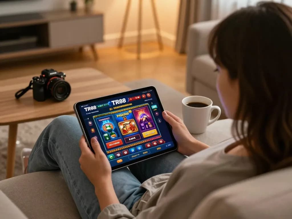 Engaging in strategic online betting at TR88 casino on a tablet with cozy home setup.