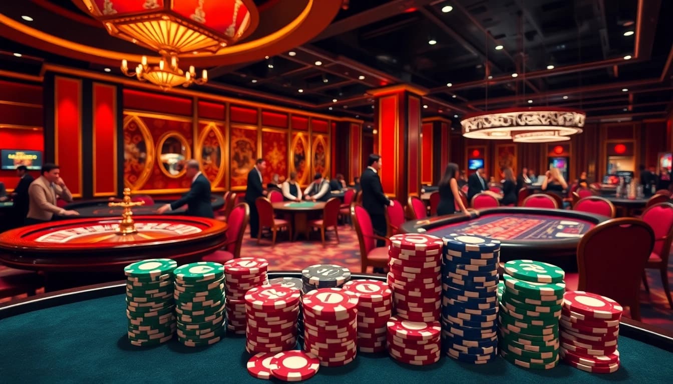 Players are winning big at lc88's luxurious casino tables with vibrant decor and poker chips.