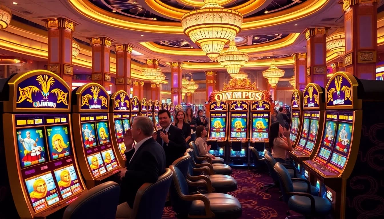 Excited players trying their luck on the olympus slot machines in a luxurious casino environment.