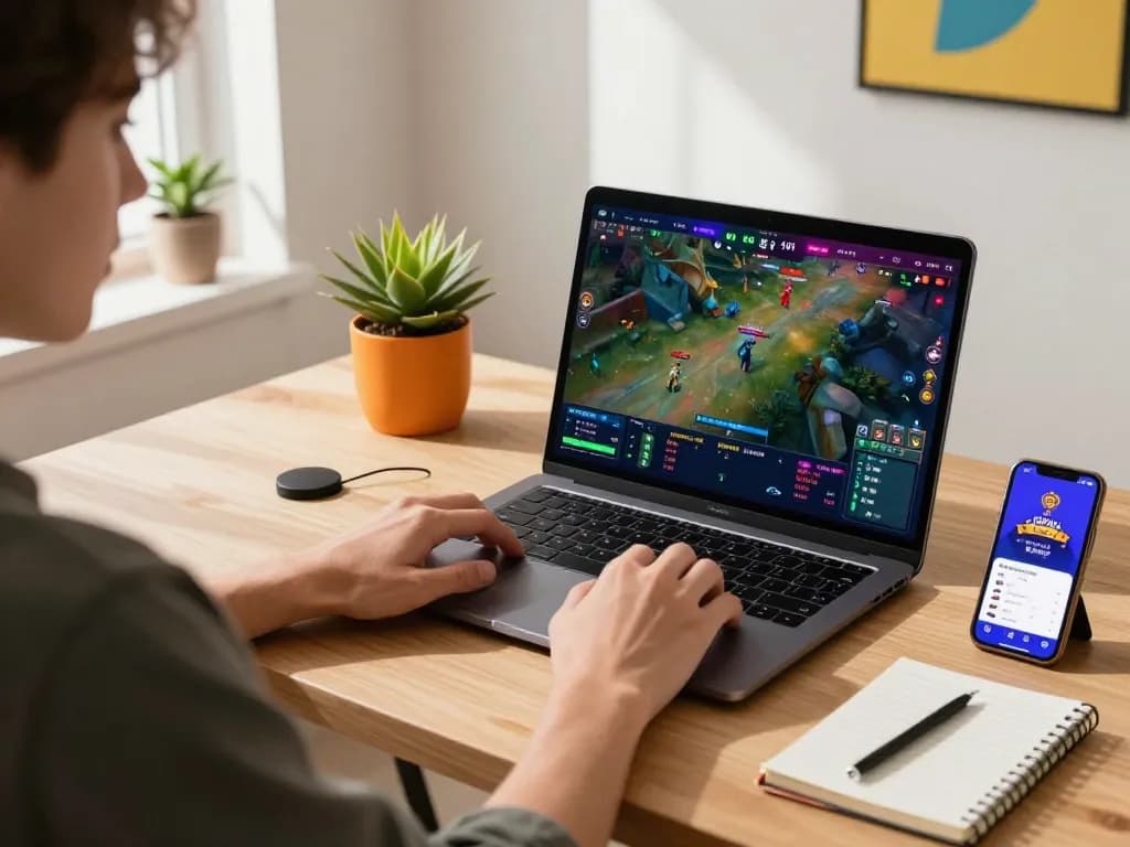 Engaged player using a laptop for tr88 esports betting strategy in a cozy home setup.
