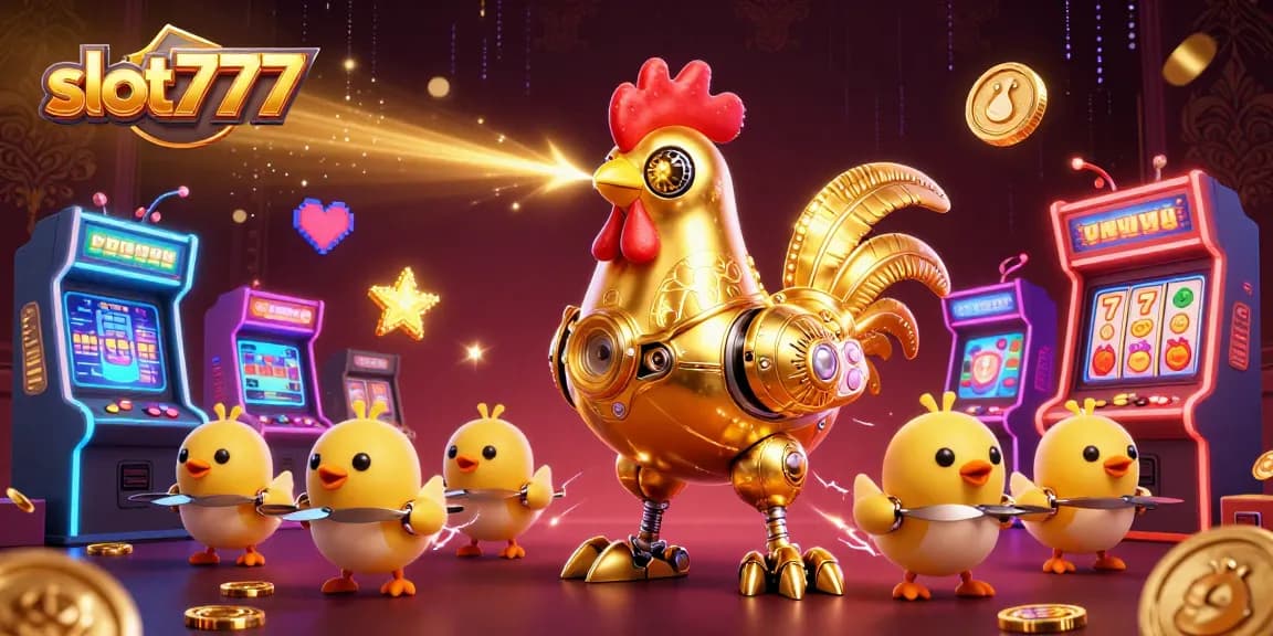 Spin slot777 for thrilling wins with a golden rooster robot and interactive gaming elements.